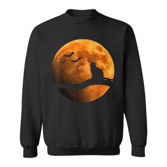 Halloween Black Cat Orange Full Moon And Bats Sweatshirt - Seseable