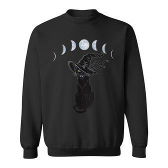 Halloween Black Cat With Witch Hat And Phases Of The Moon Sweatshirt - Seseable