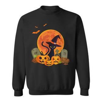 Halloween Cute Witch Cat Mom Pumpkin Graveyard Spooky Cat Sweatshirt - Seseable