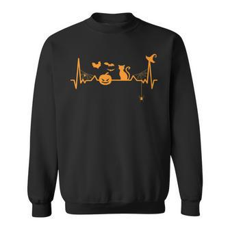 Halloween Lovers Heartbeat Pumpkin Black Cat - Halloween Sweatshirt - Seseable
