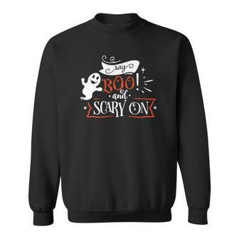 Halloween Say Boo And Scary On Orange And White Men Women Sweatshirt Graphic Print Unisex - Seseable