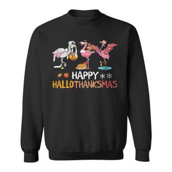 Happy Hallothanksmas Flamingo Halloween Thanksgiving And Christmas Gift 2 Sweatshirt - Thegiftio UK