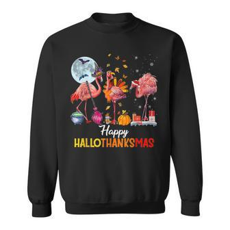 Happy Hallothanksmas Flamingo Halloween Thanksgiving Xmas Men Women Sweatshirt Graphic Print Unisex - Thegiftio UK