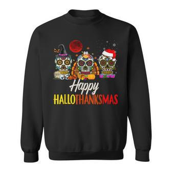 Happy Hallothanksmas Santa Witch Mexican Skull Halloween Sweatshirt - Seseable