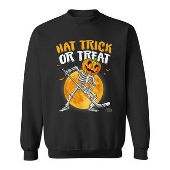 Hat Trick Or Treat Skeleton Pumpkin Ice Hockey Halloween Men Women Sweatshirt Graphic Print Unisex - Thegiftio UK