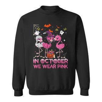 In October We Wear Pink Flamingo Halloween Breast Cancer Men Women Sweatshirt Graphic Print Unisex - Thegiftio UK