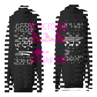 In October We Wear Pink Skull Halloween Breast Cancer Men Women Sweatshirt Graphic Print Unisex - Thegiftio