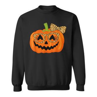 Jack O Lantern Face Pumpkin Halloween Leopard Print Glasses V6 Sweatshirt - Seseable