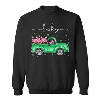 Lucky Flamingo Riding Green Truck Shamrock St Patricks Day Graphic Design Printed Casual Daily Basic Sweatshirt - Thegiftio