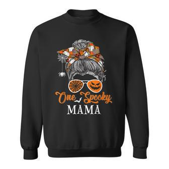 One Spooky Mama Halloween Woman Messy Bun Hair Sunglasses Sweatshirt - Seseable