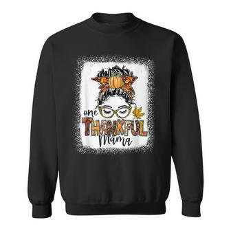 One Thankful Mama Funny Messy Bun Fall Autumn Thanksgiving V17 Men Women Sweatshirt Graphic Print Unisex - Thegiftio
