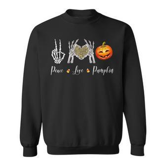 Peace Love Pumpkin Halloween Skeleton Hand Leopard Heart Sweatshirt - Seseable