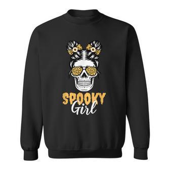 Spooky Halloween Girl Skull Messy Bun Leopard Costume Sweatshirt - Seseable