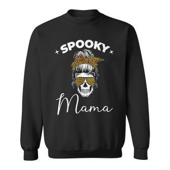 Spooky Mama Skull Messy Bun Glasses Leopard Halloween Sweatshirt - Seseable