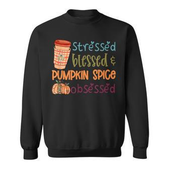 Stressed Blessed & Pumpkin Spice Obsessed Cute Heart Leopard Men Women Sweatshirt Graphic Print Unisex - Thegiftio UK