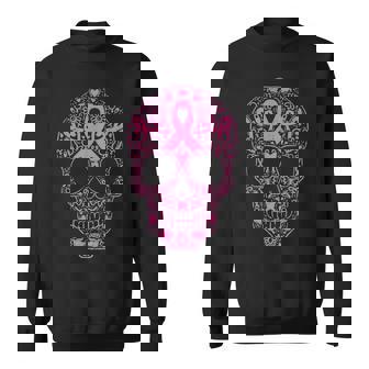 Sugar Skull Pink Ribbon Calavera Breast Cancer Awareness Men Women Sweatshirt Graphic Print Unisex - Thegiftio
