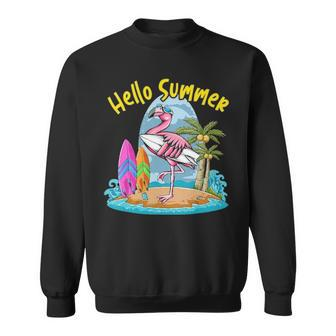 Surfboard Hello Summer Flamingo Funny Beach Summer Vacation Sweatshirt - Thegiftio UK