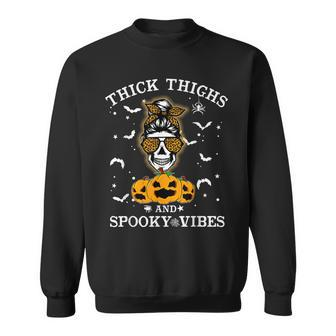Thick Thighs And Spooky Vibes Messy Bun Women Halloween Sweatshirt - Seseable