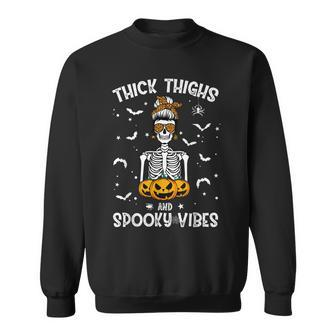 Thick Thighs And Spooky Vibes Messy Bun Women Halloween V2 Sweatshirt - Seseable