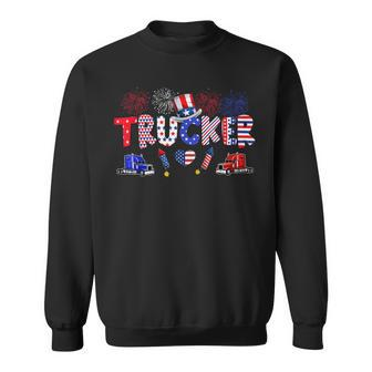 Trucker Trucker Proud American Flag Fireworks Happy 4Th Of July Sweatshirt - Seseable