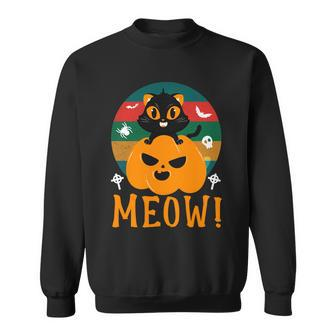 Vintage Halloween Black Cat Meow Men Women Sweatshirt Graphic Print Unisex - Thegiftio UK