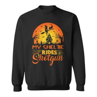 Vintage Witch My Sheltie Rides Shotgun Halloween Sweatshirt - Seseable