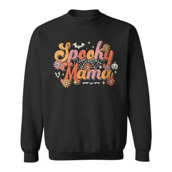 Womens Groovy Spooky Mama Retro Halloween Ghost Witchy Spooky Mom Sweatshirt - Thegiftio