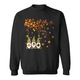 Womens Halloween Three Gnomes Hat Leopard Pumpkin Fall Leaves Sweatshirt - Thegiftio UK