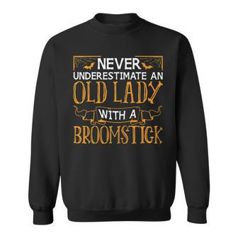 Womens Old Lady With Broomstick Witch Womens Halloween Costume Sweatshirt - Seseable