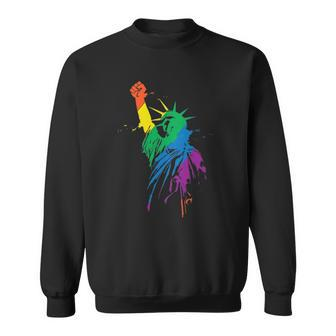 Womens Rainbow Statue Of Liberty With Raised Fist Lgbtq Pride Sweatshirt | Mazezy
