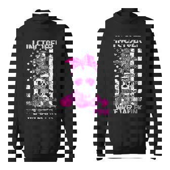 Womens Retro In October We Wear Pink Ribbon Skull Messy Bun Breast Men Women Sweatshirt Graphic Print Unisex - Thegiftio