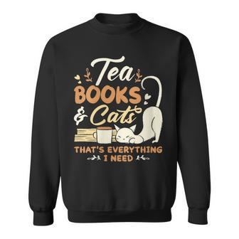 Womens Tea Books And Cats Cat Book Lovers Reading Book Sweatshirt - Thegiftio UK