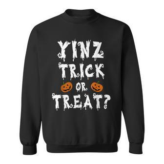 Yinz Trick Or Treat Funny Halloween Yinzers Pumpkin White Sweatshirt - Seseable