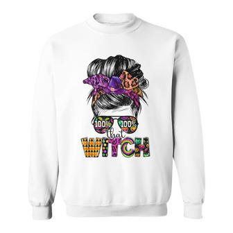 100 That Witch Halloween Costume Messy Bun Skull Witch Girl Sweatshirt - Seseable