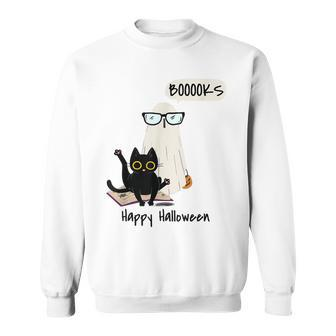 Book Lover Halloween Boooks Ghost Boo And Black Cat Cute Sweatshirt - Seseable