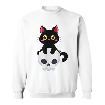 Cute But Creepy Halloween Black Cat And Skull Sweatshirt - Seseable