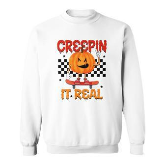 Funny Pumpkin Skateboarding Creepin It Real Halloween Sweatshirt - Seseable