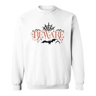 Halloween Beware Bat And Spidernet Black And Orange Design Men Women Sweatshirt Graphic Print Unisex - Seseable