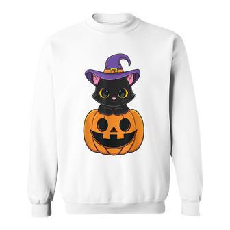 Halloween Cute Black Cat Witch Hat Pumpkin For Kids Girls  Sweatshirt