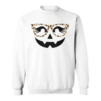 Halloween Jack O Lantern Face Pumpkin Leopard Glasses Decor Sweatshirt - Seseable