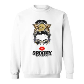 Halloween Leopard Print Messy Bun Spooky Mama Sweatshirt - Seseable
