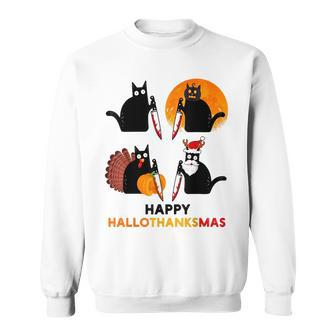 Happy Hallothanksmas Black Cat Halloween Thanksgiving Sweatshirt - Seseable