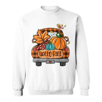 Hello Fall Orange Plaid Truck Pumpkin Funny Fall Autumn Sweatshirt - Thegiftio UK
