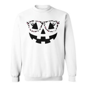 Jack O Lantern Face Pumpkin Halloween Leopard Print Glasses V2 Sweatshirt - Seseable