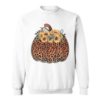 Leopard Pumpkin Womens Halloween Sunflowers Thanksgiving Sweatshirt - Seseable