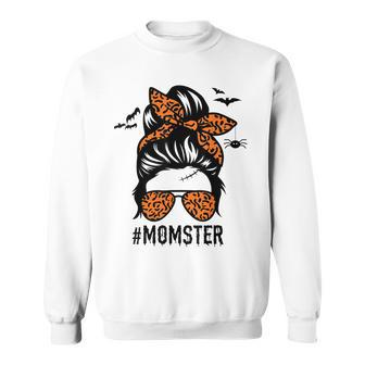 Mom Messy Bun Halloween Leopard Womens Momster Funny Spooky Sweatshirt - Seseable
