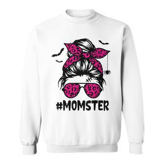 Momster For Women Halloween Mom Messy Bun Leopard Sweatshirt - Seseable