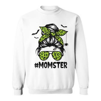 Momster Shirt For Women Halloween Mom Messy Bun Leopard V2 Men Women Sweatshirt Graphic Print Unisex - Thegiftio UK