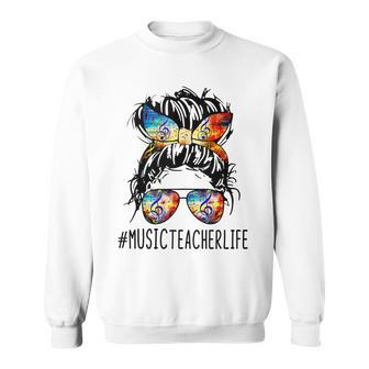 Music Teacher Messy Bun Life Hair Glasses Musical Notes Sweatshirt - Thegiftio UK
