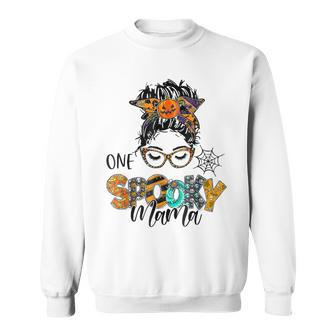 One Spooky Mama For Halloween Messy Bun Mom Monster Bleached Sweatshirt - Seseable